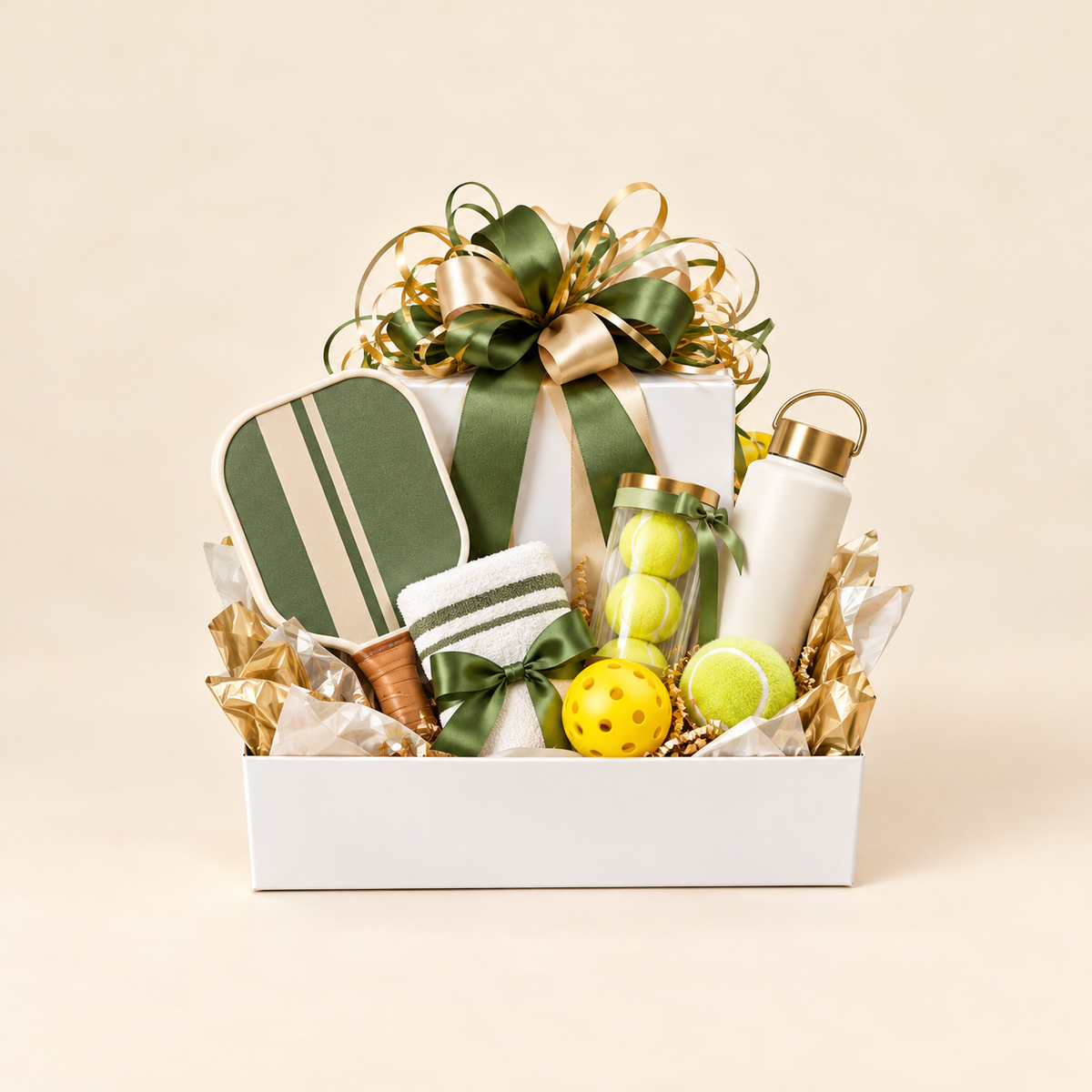 White gift tray with pickleball paddle, tennis balls, and towel tied with green-and-gold bow