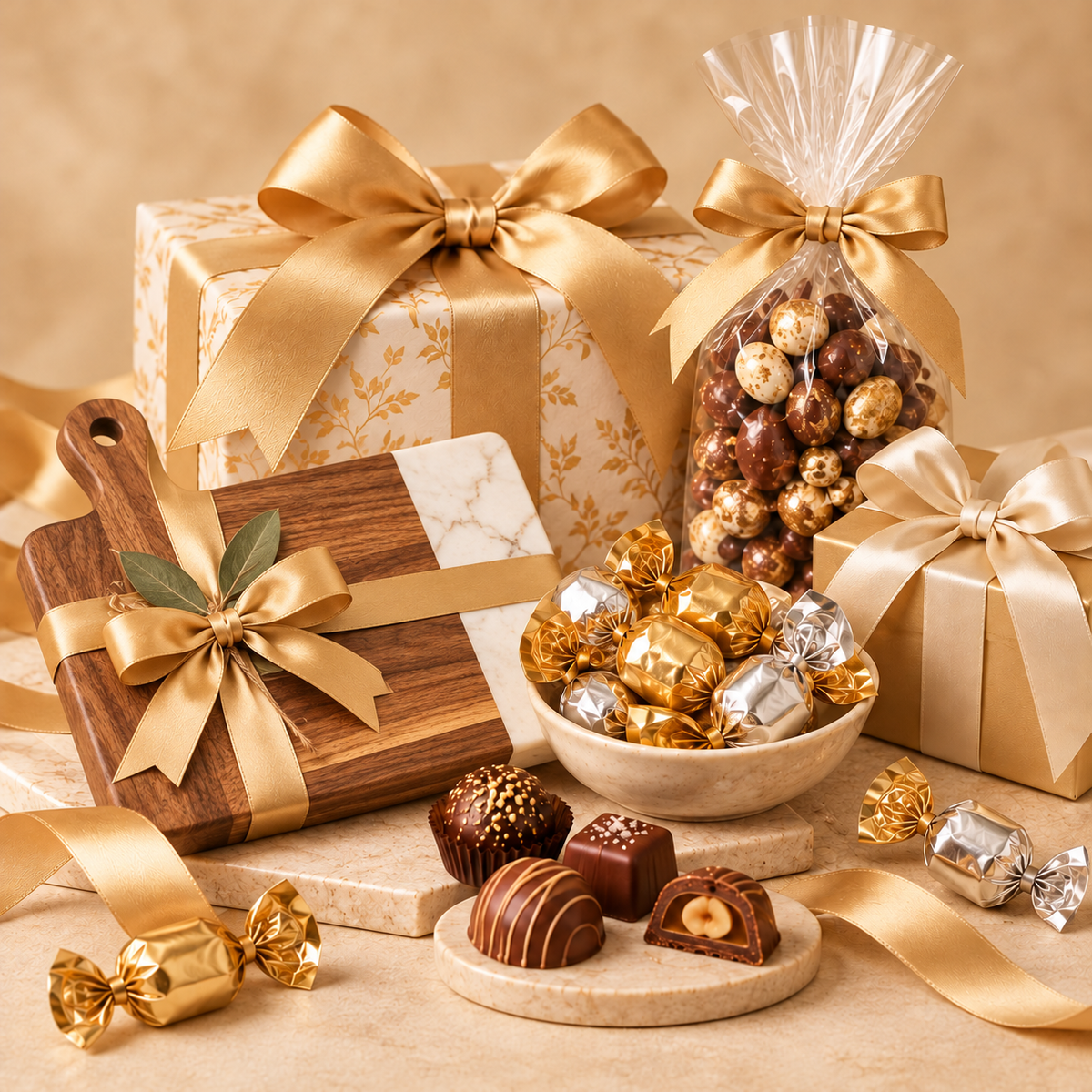 Curated gift assortment with wrapped gifts, chocolates, serving pieces, and gold ribbon