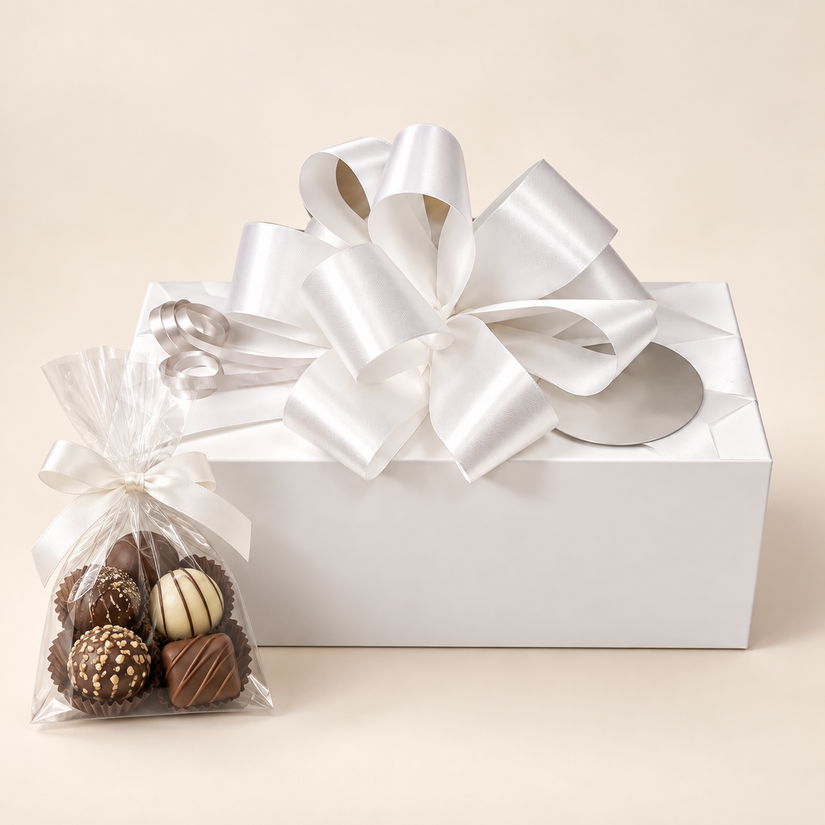 White gift box with oversized white satin bow beside bag of chocolate truffles