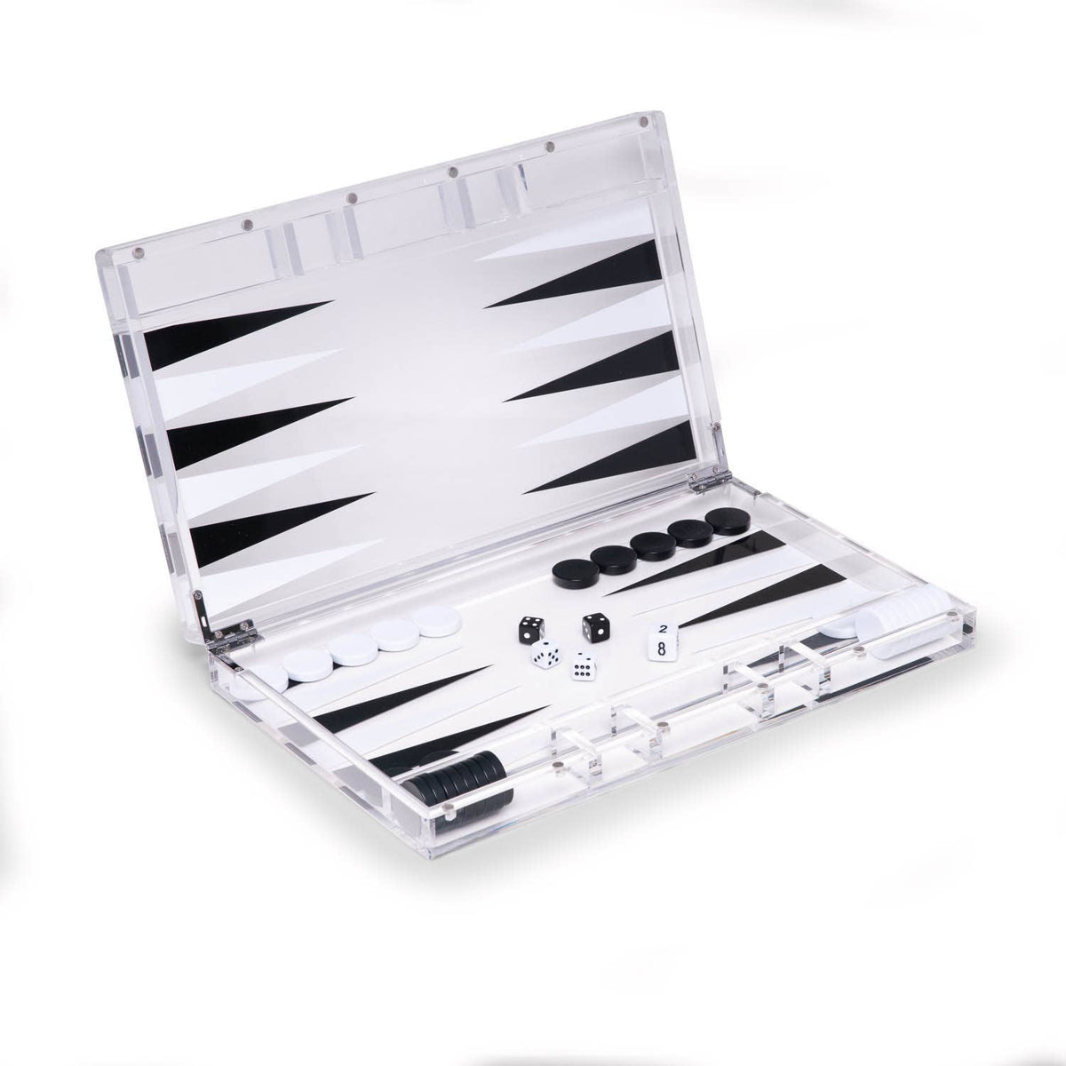 Clear acrylic backgammon set open at an angle with checkers, dice, and doubling cube