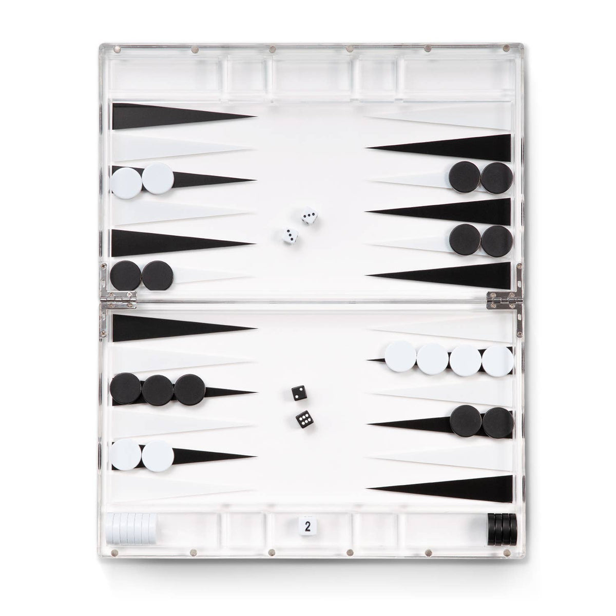 Clear acrylic backgammon board opened flat with checkers in starting positions