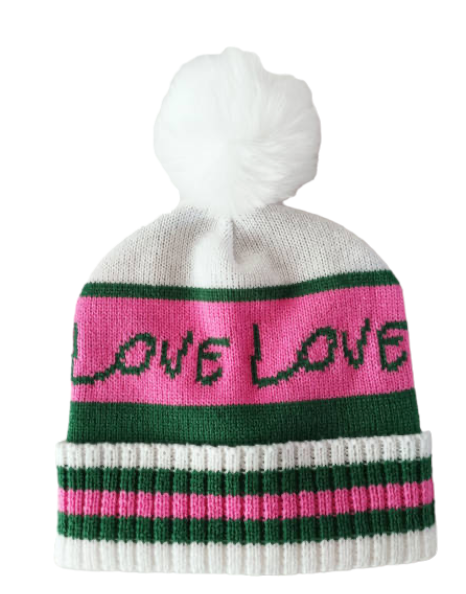 Hand-knit beanie with white pom-pom and pink LOVE LOVE band, alternate view