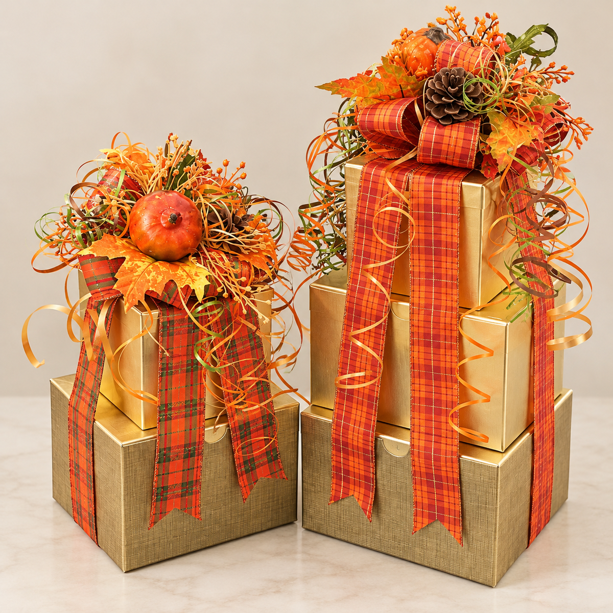 Fall corporate gift boxes with gold packaging, orange plaid ribbon, and autumn florals
