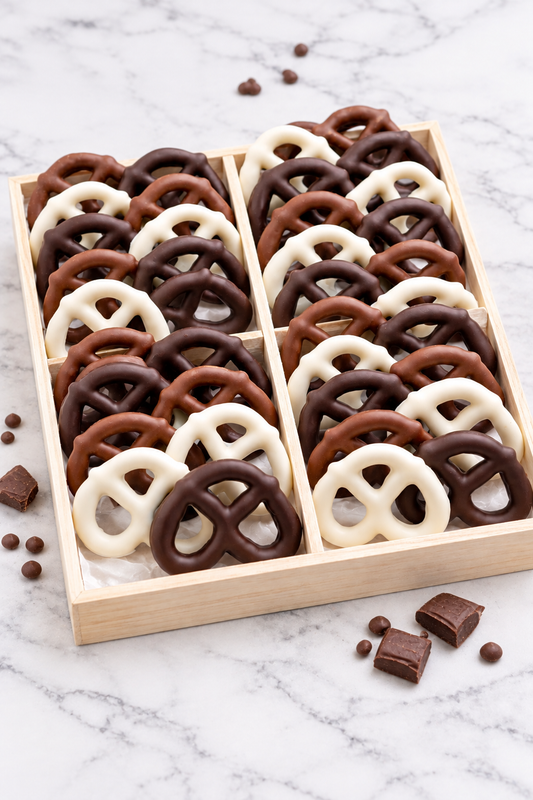 Wooden tray of milk, dark, and white chocolate-covered mini pretzels on marble