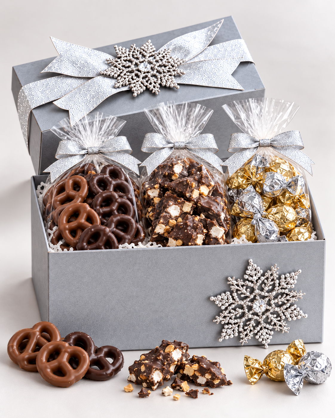 Open silver gift box with snowflake ornament, filled with bags of chocolate pretzels, chocolate bark, and foil-wrapped truffles
