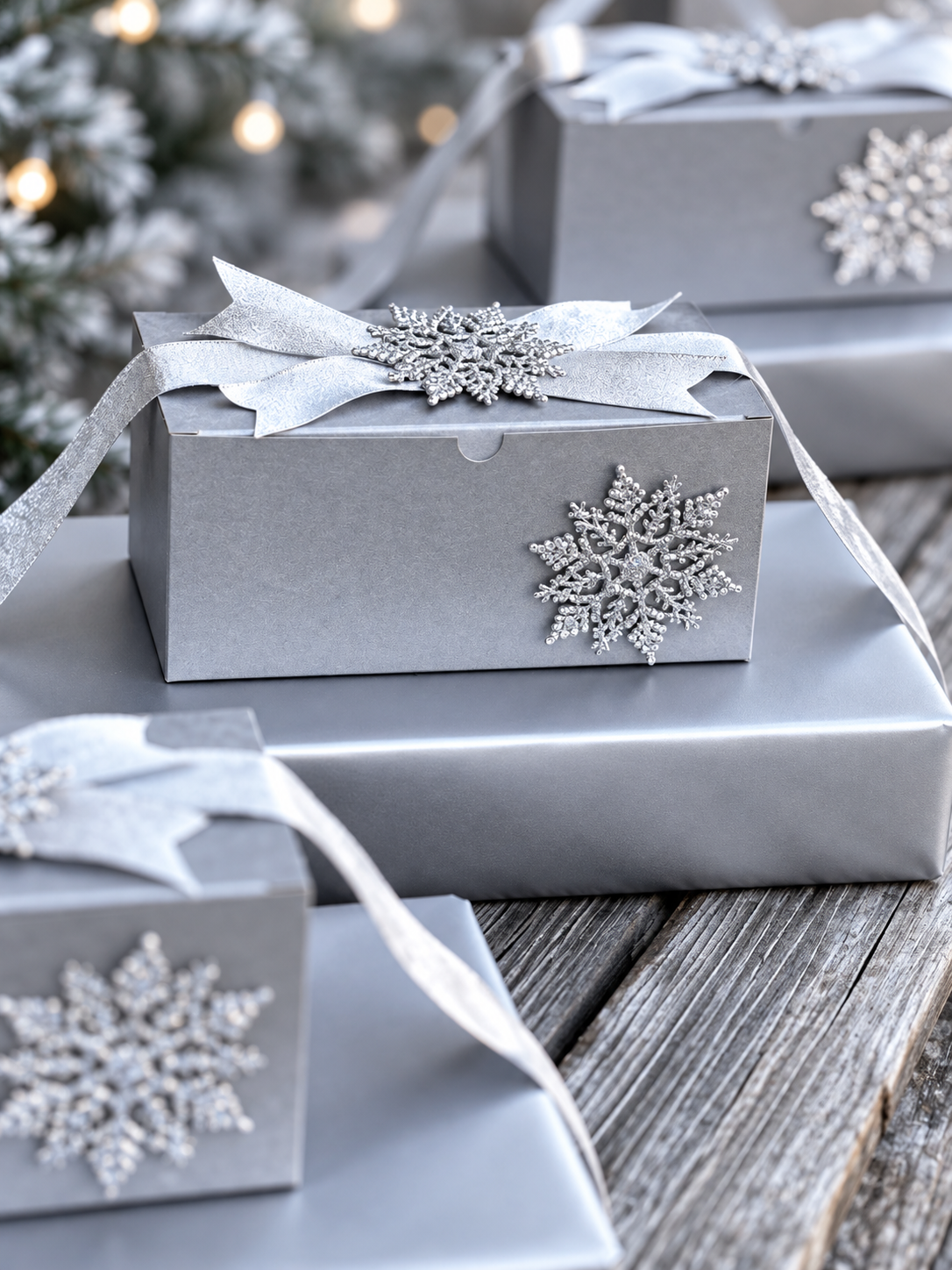 Stacked silver snowflake gift boxes on wood with a lit Christmas tree in the background