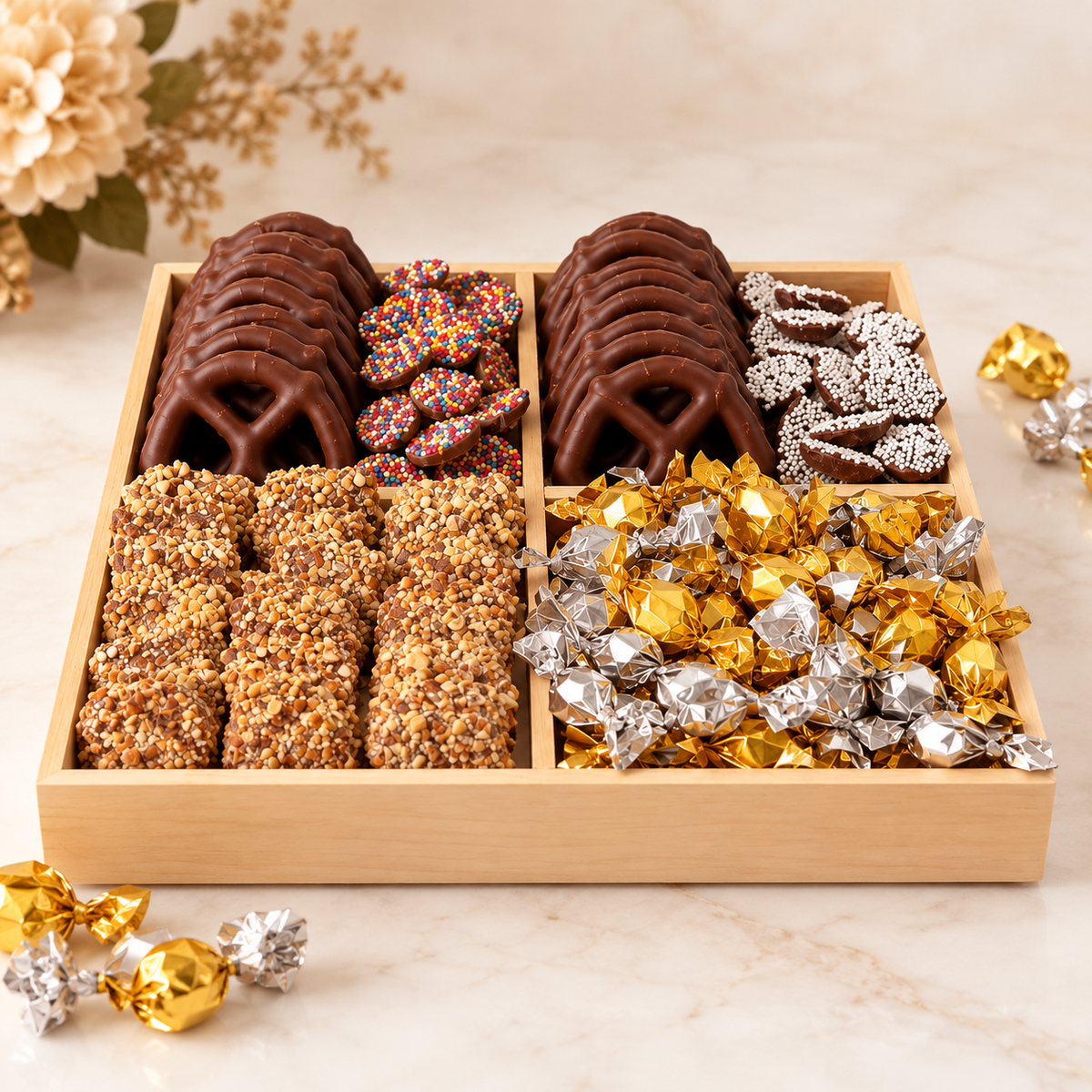 Wooden tray of assorted chocolates — pretzels, sprinkle discs, foil-wrapped candies — styled with flowers on marble