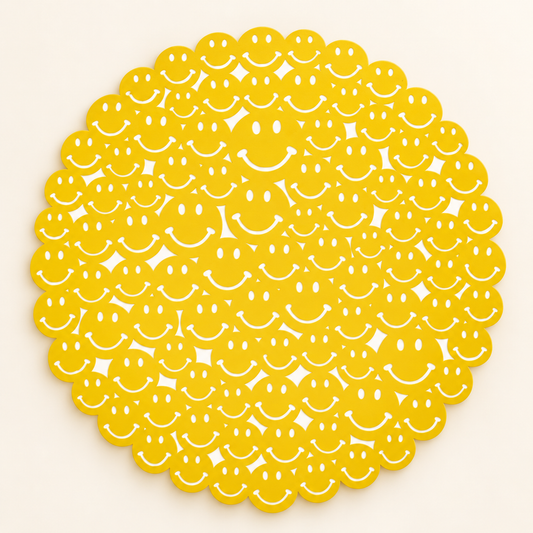 Golden-yellow medallion made of small smiley faces on white background