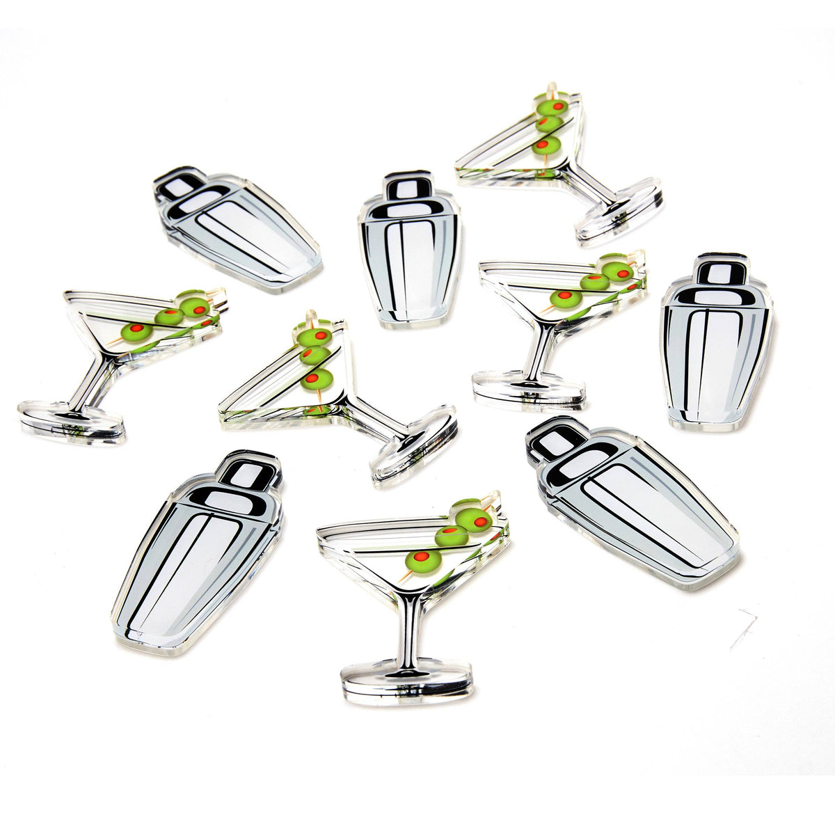 Nine acrylic tic-tac-toe pieces — cocktail shakers and martini glasses with olives — on white